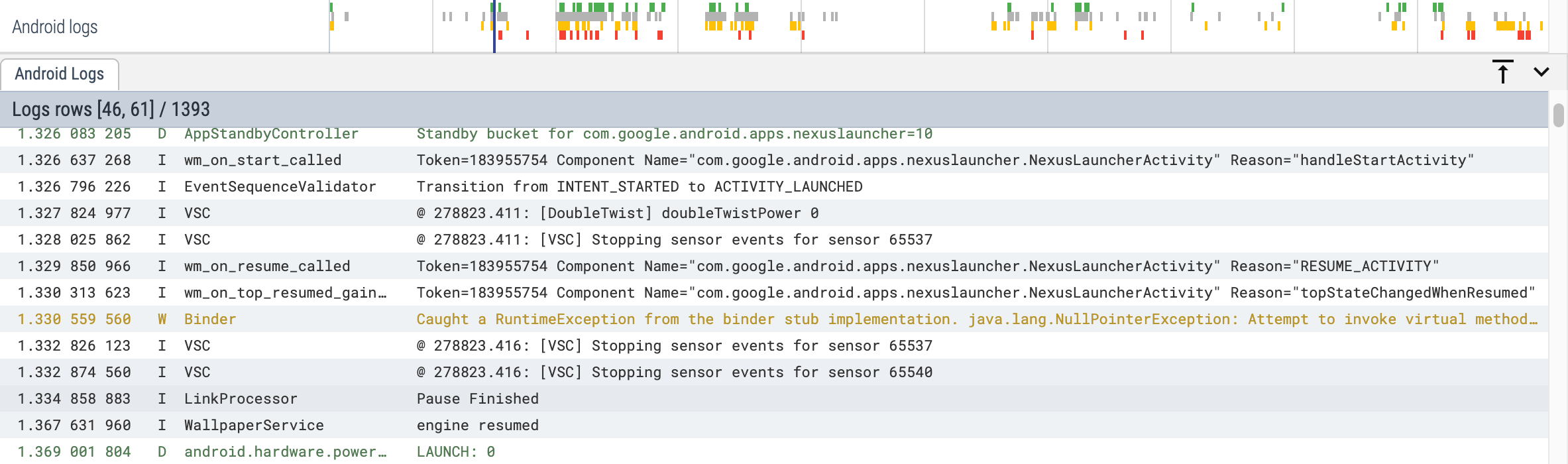 Android logs in the UI