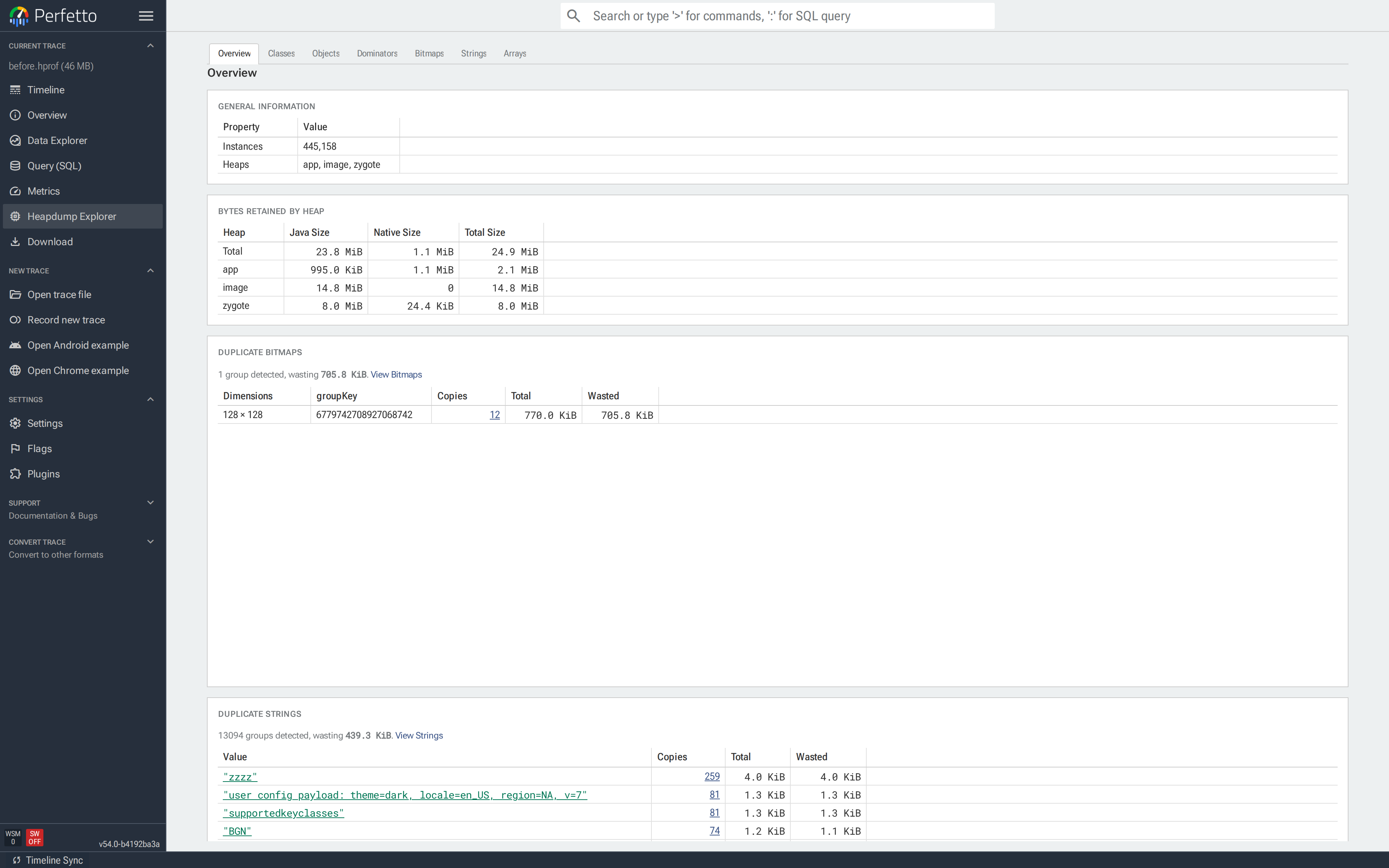 Overview tab: General Information (437,681 reachable instances across app/image/zygote heaps), Bytes Retained by Heap (24.4 MiB total, 1.5 MiB on the app heap), and a Duplicate Bitmaps group wasting 785.8 KiB across 12 copies of the same 128×128 image.