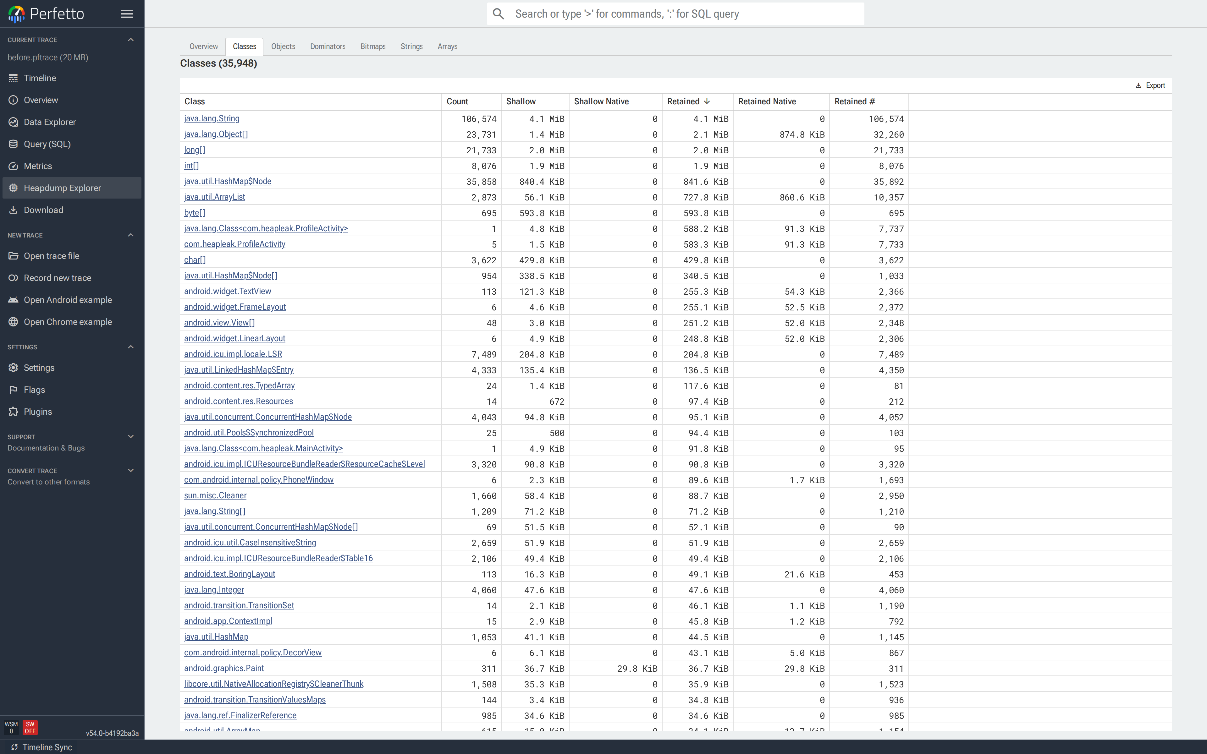 Classes tab. com.heapleak.ProfileActivity has Count 5 — one instance per rotation, none collected.