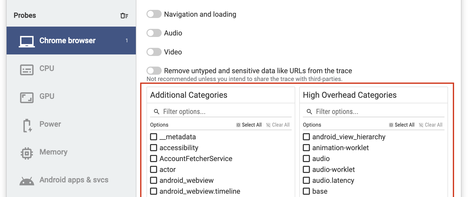 Tracing categories of Chrome